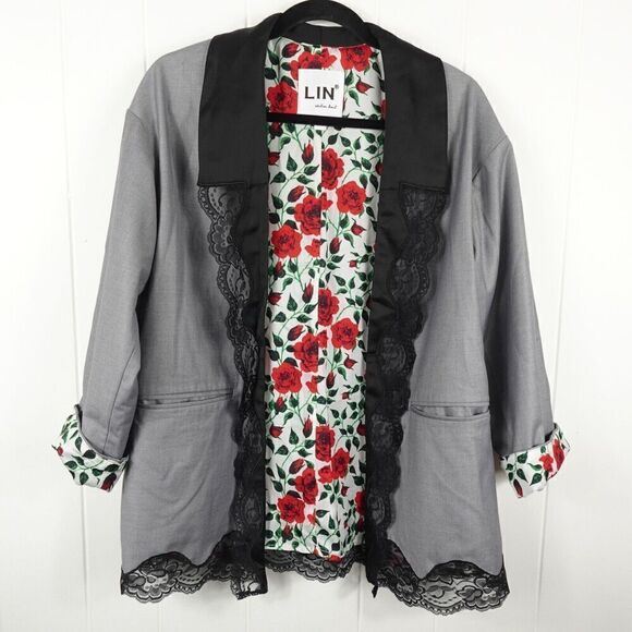 Lin Womens Blazer Gray w/Lace Trim X-Small (150/76A) - Picture 1 of 13